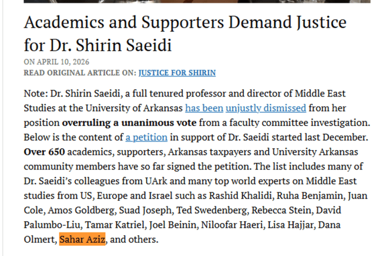 Sahar Aziz signing a letter for pro-Iran teacher Shirin Saeidi